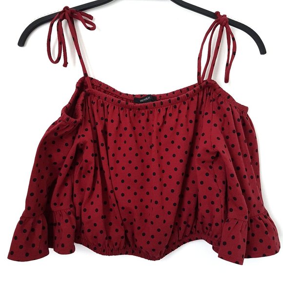 Forever 21 Wine/Black Polka Dot Off-Shoulder Top L - Picture 1 of 7